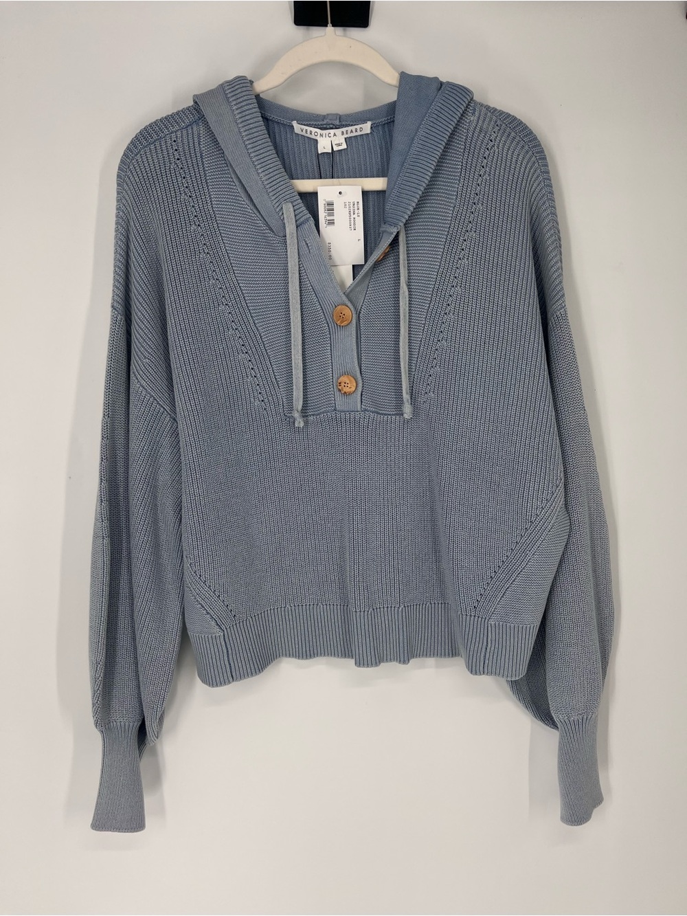 Veronica Beard Ursina 100% Cotton Light Blue Hooded Button-Neck Knit Pullover L